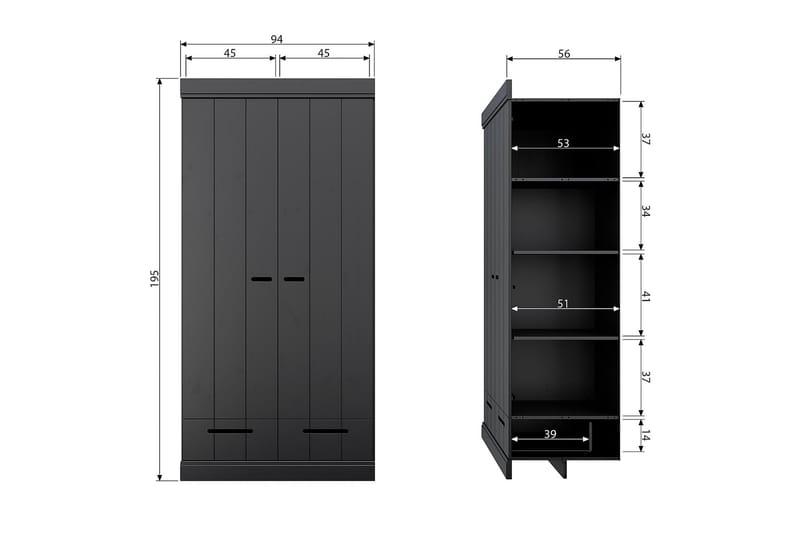 KOTONE Garderob 94x53 cm 2 Dörrar Furu/Svart - Förvaring - Sko- & klädförvaring - Garderober & garderobssystem