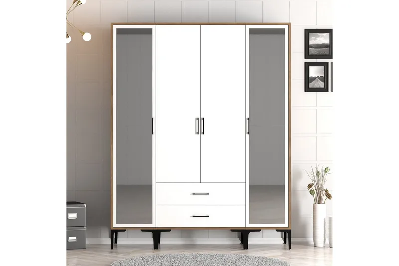 Kumsal Garderob med Spegel, Vit/Brun