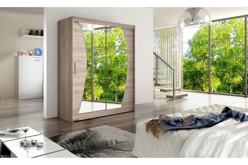 Leila Garderob 150 cm Skjutdörrar Böjd Spegel - Ek/Tryffel/Spegel - Förvaring - Sko- & klädförvaring - Garderober & garderobssystem