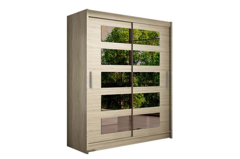 Leila Garderob 150 cm Skjutdörrar Delad Spegel, Beige/Trä/Natur
