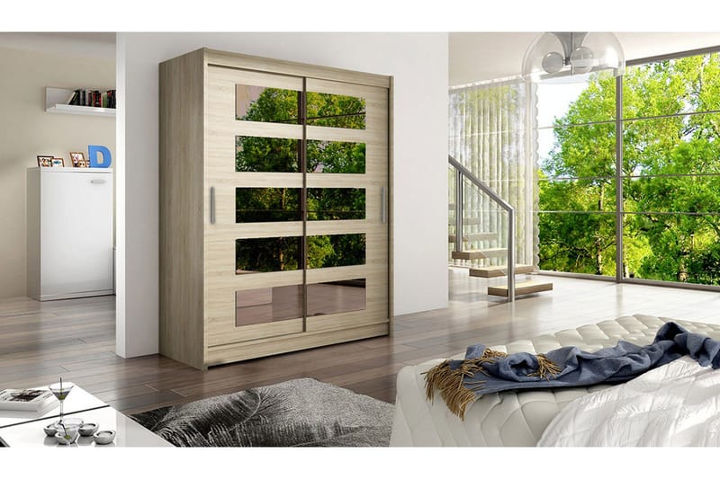 Leila Garderob 150 cm Skjutdörrar Delad Spegel - Beige/Trä/Natur - Förvaring - Sko- & klädförvaring - Garderober & garderobssystem