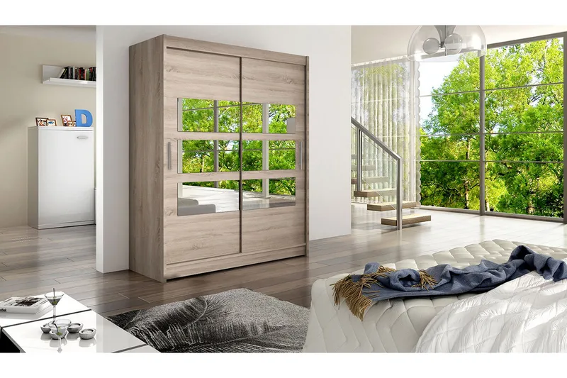 Leila Garderob 150 cm Skjutdörrar Delad Spegel - Ek/Tryffel/Spegel - Förvaring - Sko- & klädförvaring - Garderober & garderobssystem