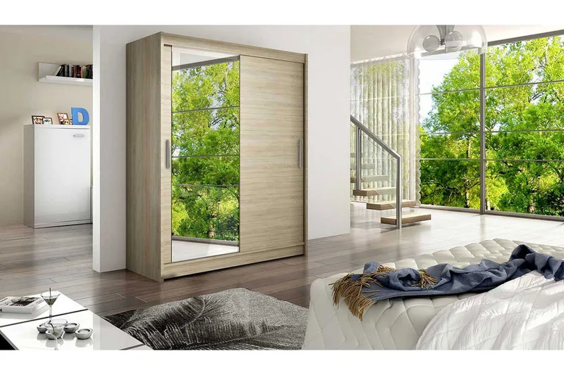 Leila Garderob 150 cm Skjutdörrar Spegel - Beige/Trä/Natur - Förvaring - Sko- & klädförvaring - Garderober & garderobssystem