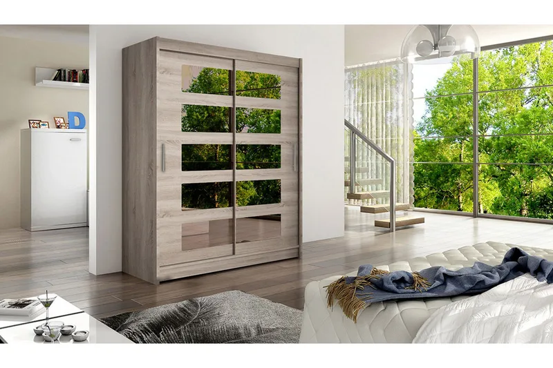 Leila Garderob Skjutdörrar 5-Delad Spegel - Beige/Trä/Natur - Förvaring - Sko- & klädförvaring - Garderober & garderobssystem