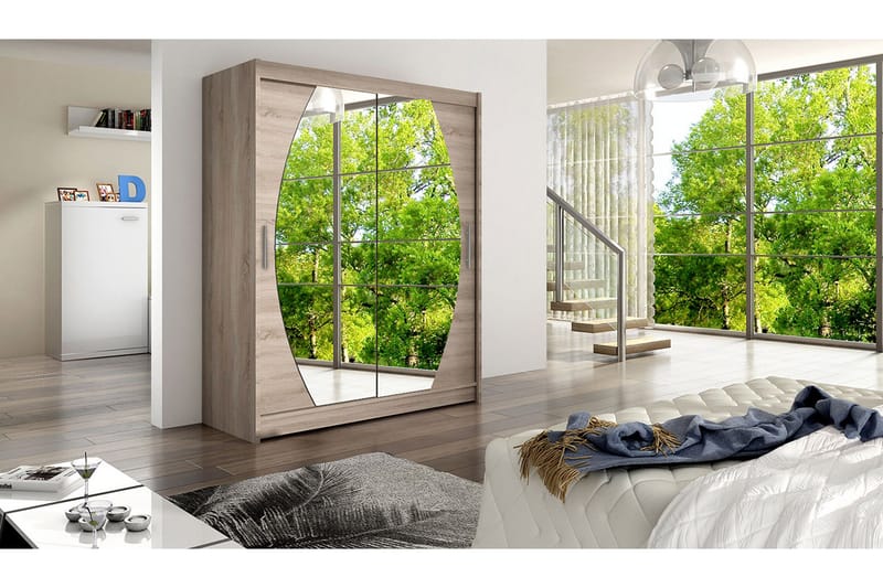 Leila Garderob Skjutdörrar Rund Spegel - Ek/Tryffel/Spegel - Förvaring - Sko- & klädförvaring - Garderober & garderobssystem