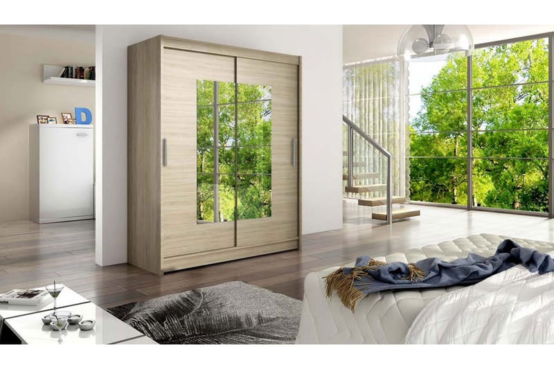 Leila Garderob Skjutdörrar Smal Fyrkantig Spegel - Beige/Trä/Natur - Förvaring - Sko- & klädförvaring - Garderober & garderobssystem