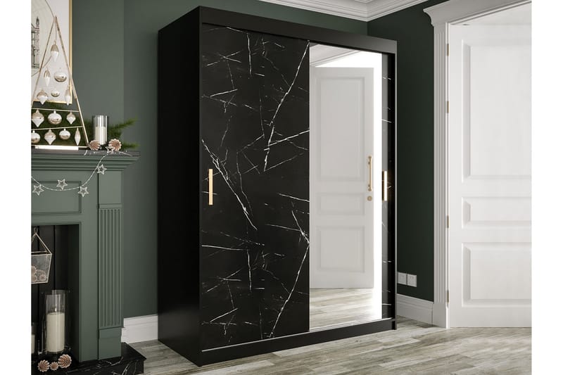MARMUL Garderob med Spegel 150  cm Marmormönster Svart - Garderober & garderobssystem