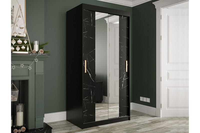 MARMUL Garderob med Speglar Kant 100  cm Marmormönster Svart - Garderober & garderobssystem