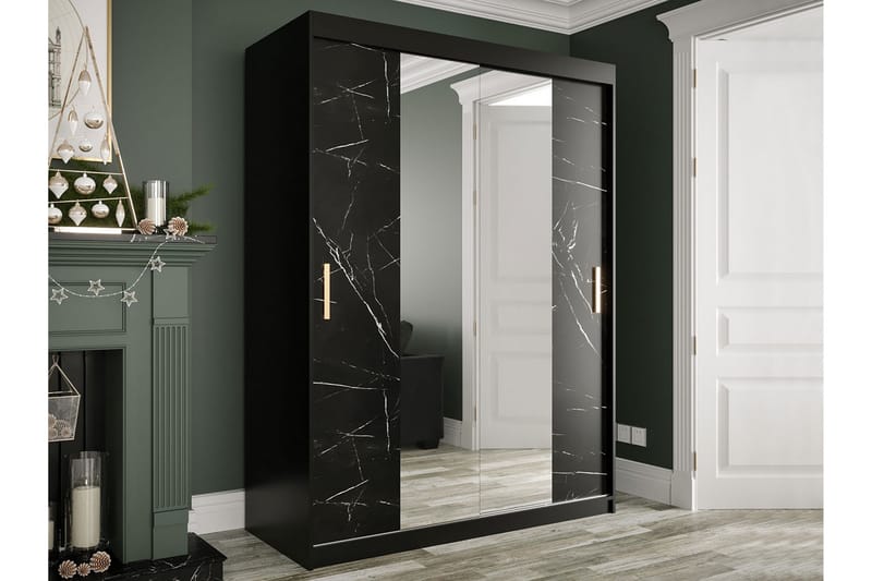 MARMUL Garderob med Speglar Kant 150  cm Marmormönster Svart - Garderober & garderobssystem
