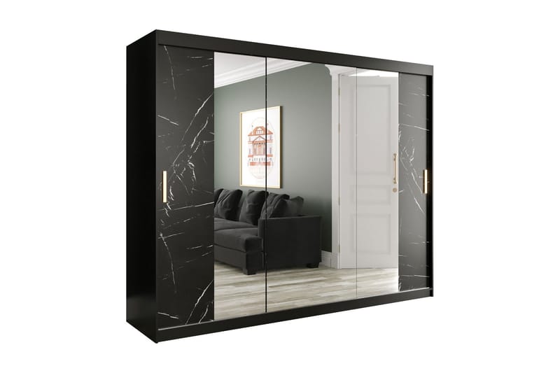 MARMUL Garderob med Speglar Kant 250  cm Marmormönster Svart - Garderober & garderobssystem