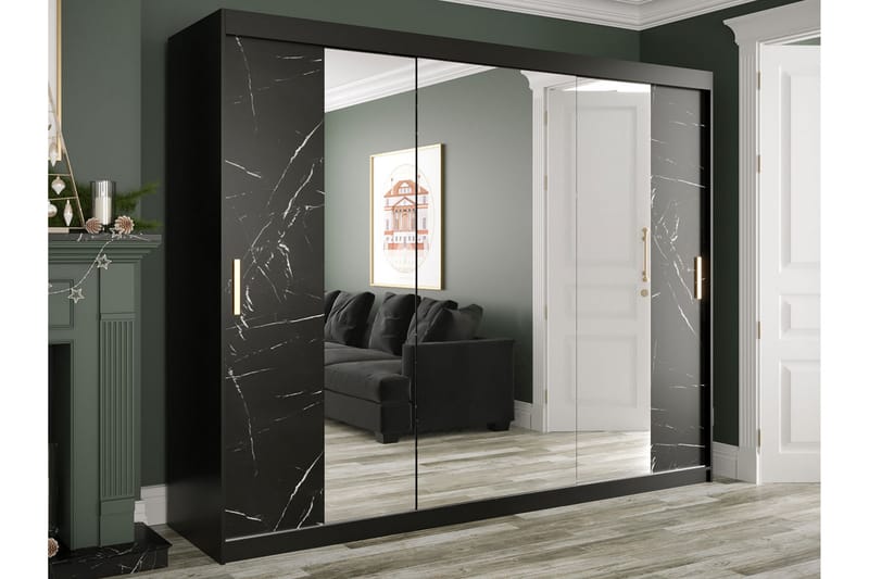MARMUL Garderob med Speglar Kant 250  cm Marmormönster Svart - Garderober & garderobssystem