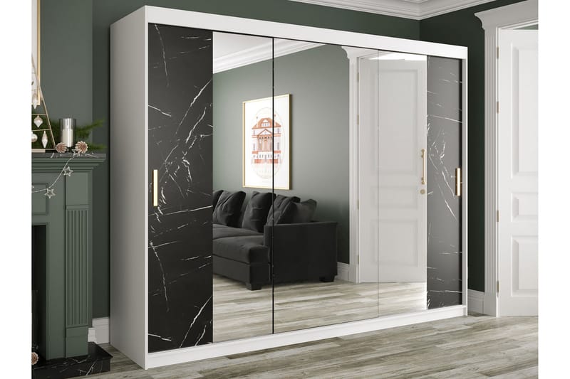 MARMUL Garderob med Speglar Kant 250  cm Marmormönster Vit/S - Garderober & garderobssystem