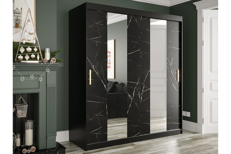MARMUL Garderob med Speglar Mitt 180  cm Marmormönster Svart - Garderober & garderobssystem