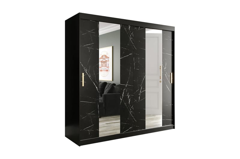 MARMUL Garderob med Speglar Mitt 200  cm Marmormönster Svart - Garderober & garderobssystem