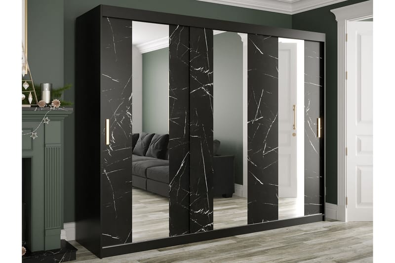 MARMUL Garderob med Speglar Mitt 250  cm Marmormönster Svart - Garderober & garderobssystem