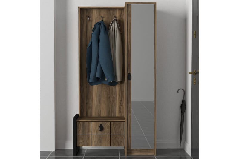 NELINE Garderob med Spegel Valnöt - Valnöt - Garderober & garderobssystem