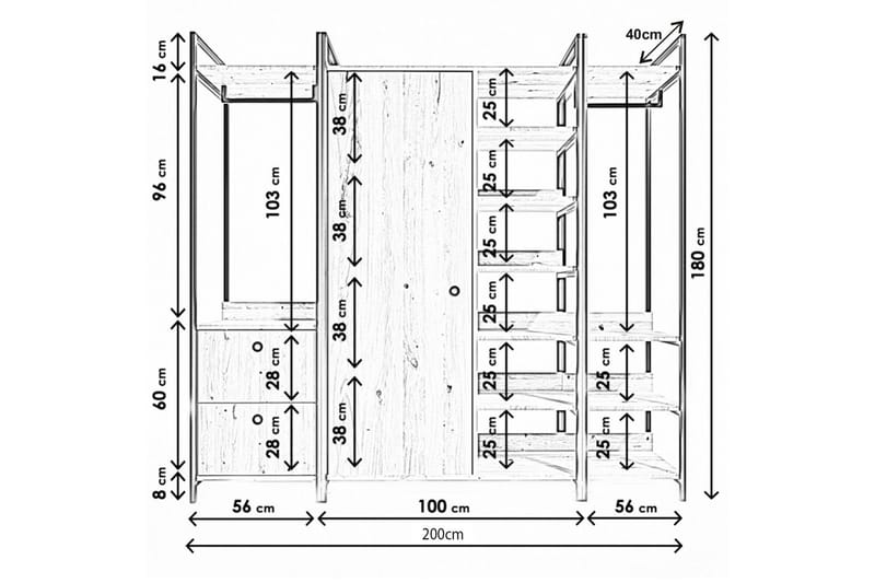 NEVVAR Garderob 200x40 cm Natur/Svart - Förvaring - Sko- & klädförvaring - Garderober & garderobssystem