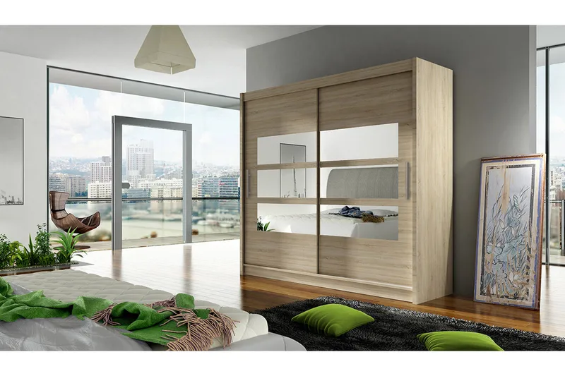 Prag Garderob 180 cm Skjutdörrar Delad Spegel - Beige/Trä/Natur - Förvaring - Sko- & klädförvaring - Garderober & garderobssystem