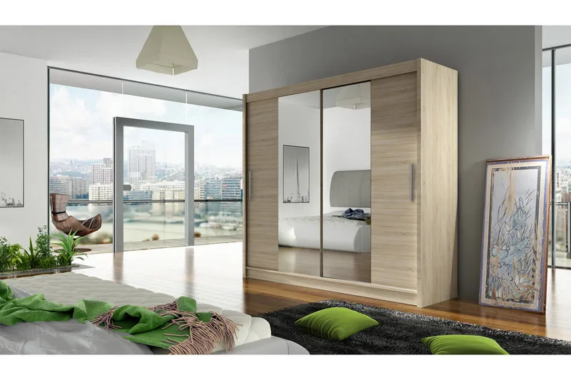 Prag Garderob med Skjutdörrar Smal - Ek / Spegel - Förvaring - Sko- & klädförvaring - Garderober & garderobssystem