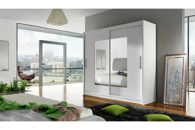 Prag Garderob med Skjutdörrar Smal fyrkantig spegel 180 cm - Vit - Förvaring - Sko- & klädförvaring - Garderober & garderobssystem