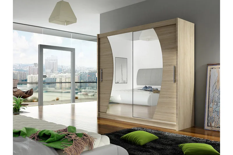 Prag Garderob Skjutdörrar Böjd Spegel - Beige/Trä/Natur - Förvaring - Sko- & klädförvaring - Garderober & garderobssystem