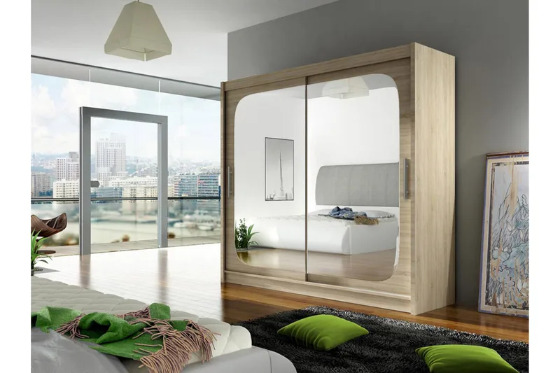 Prag Garderob Skjutdörrar Fyrkantig Spegel - Ek - Förvaring - Sko- & klädförvaring - Garderober & garderobssystem