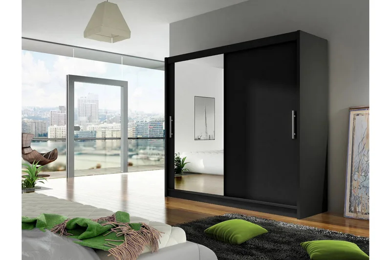 Prag Stor Garderob med Skjutdörrar + Spegel - Svart / Silver - Förvaring - Sko- & klädförvaring - Garderober & garderobssystem