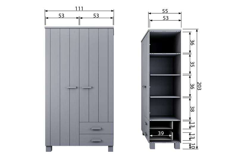 RUFF Garderob med 2 Lådor 111 cm Grå Tall - Garderober & garderobssystem