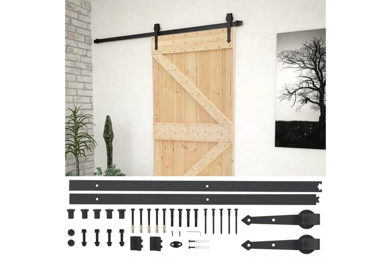 Skjutdörr med beslag 90x210 cm massiv furu - Brun - Förvaring - Sko- & klädförvaring - Garderober & garderobssystem