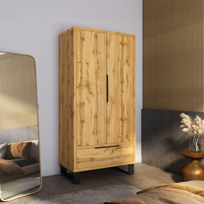 Halle Garderob 99 cm med 2 Dörrar och 1 Låda i Ek - Beige - Förvaring - Sko- & klädförvaring - Garderober & garderobssystem