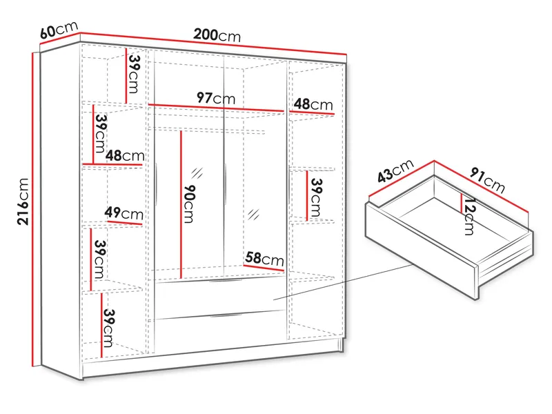 Kelros garderob med spegel 200x216 cm - Svart, vit - Förvaring - Sko- & klädförvaring - Garderober & garderobssystem