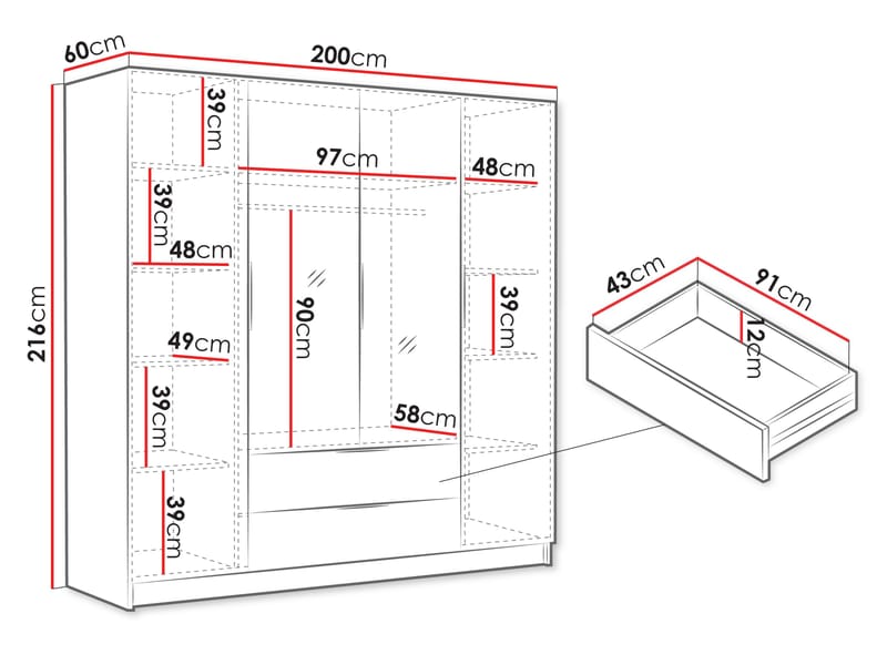 Kelros Garderob med Spegel 200x216 cm - Vit - Förvaring - Sko- & klädförvaring - Garderober & garderobssystem