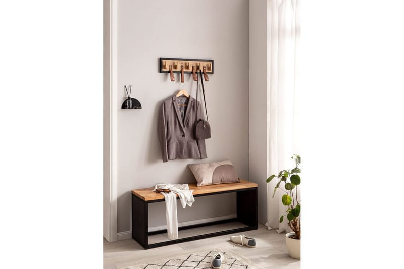 Kapprum Wohnling Väggmonterad klädhängare i massivt mangoträ 5 krokar i massivt trä 4 loopar i äkta läder - Förvaring - Sko- & klädförvaring - Klädhängare - Klädkrok