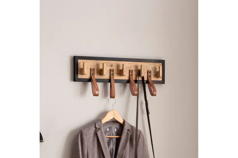 Kapprum Wohnling Väggmonterad klädhängare i massivt mangoträ 5 krokar i massivt trä 4 loopar i äkta läder - Förvaring - Sko- & klädförvaring - Klädhängare - Klädkrok
