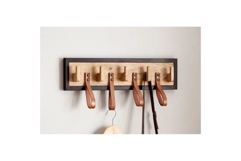 Kapprum Wohnling Väggmonterad klädhängare i massivt mangoträ 5 krokar i massivt trä 4 loopar i äkta läder - Förvaring - Sko- & klädförvaring - Klädhängare - Klädkrok