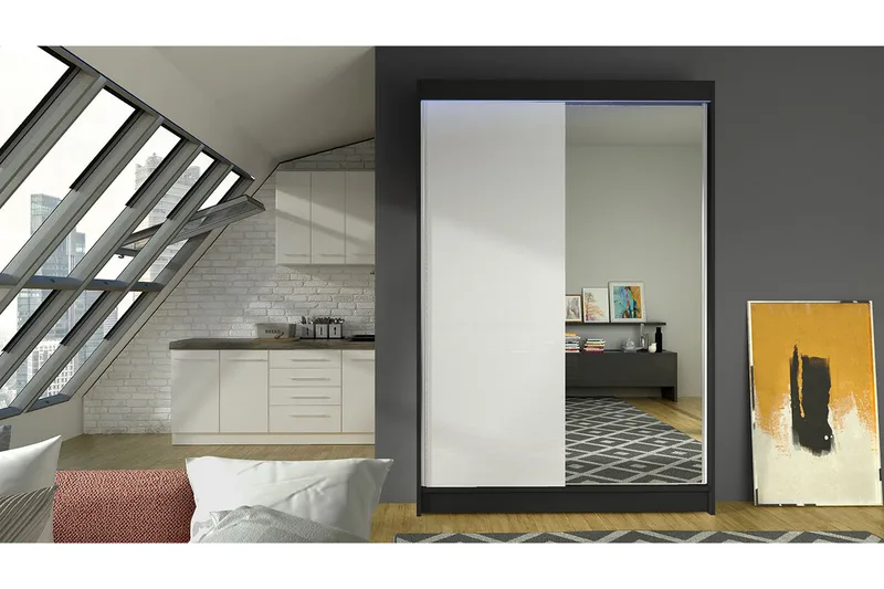 Liverpool Garderob med Spegel 120x200 cm - Vit/Svart - Förvaring - Sko- & klädförvaring - Garderober & garderobssystem