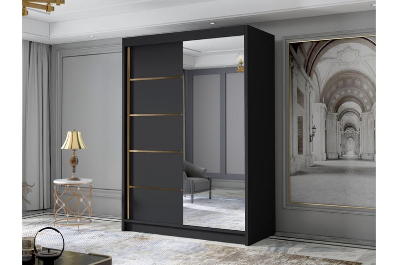 Lungos Garderob med Spegel 120x200 cm - Svart - Förvaring - Sko- & klädförvaring - Garderober & garderobssystem