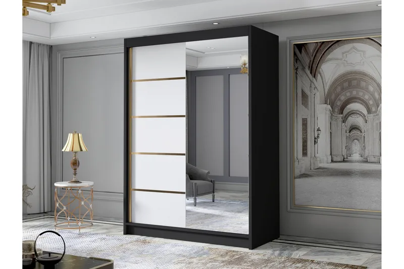 Lungos Garderob med Spegel 120x200 cm - Svart - Förvaring - Sko- & klädförvaring - Garderober & garderobssystem