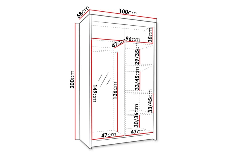 Narbonne Garderob med Spegel 100x200 cm - Vit/Svart - Förvaring - Sko- & klädförvaring - Garderober & garderobssystem