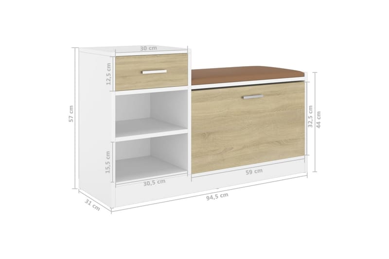 Skobänk vit och sonoma-ek 94,5x31x57 cm spånskiva - Beige - Förvaring - Sko- & klädförvaring - Skoförvaring