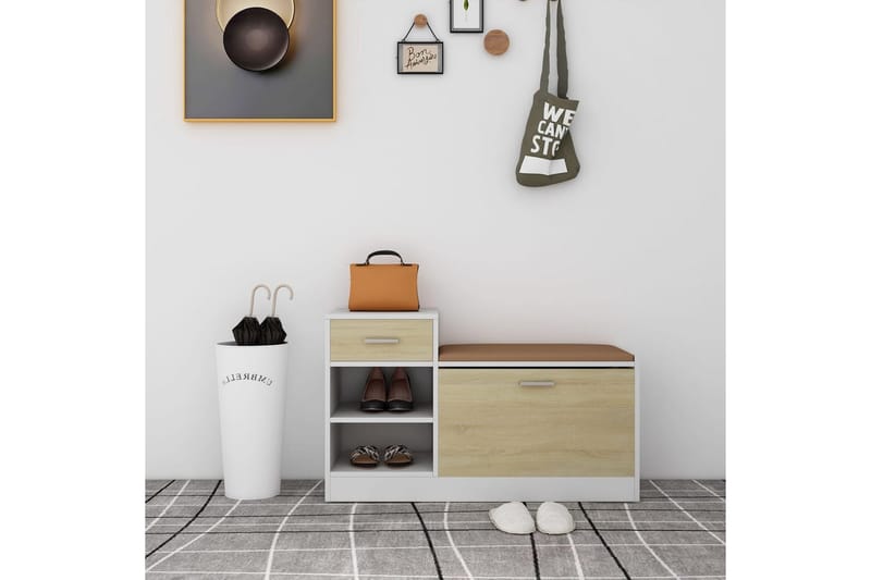 Skobänk vit och sonoma-ek 94,5x31x57 cm spånskiva - Beige - Förvaring - Sko- & klädförvaring - Skoförvaring