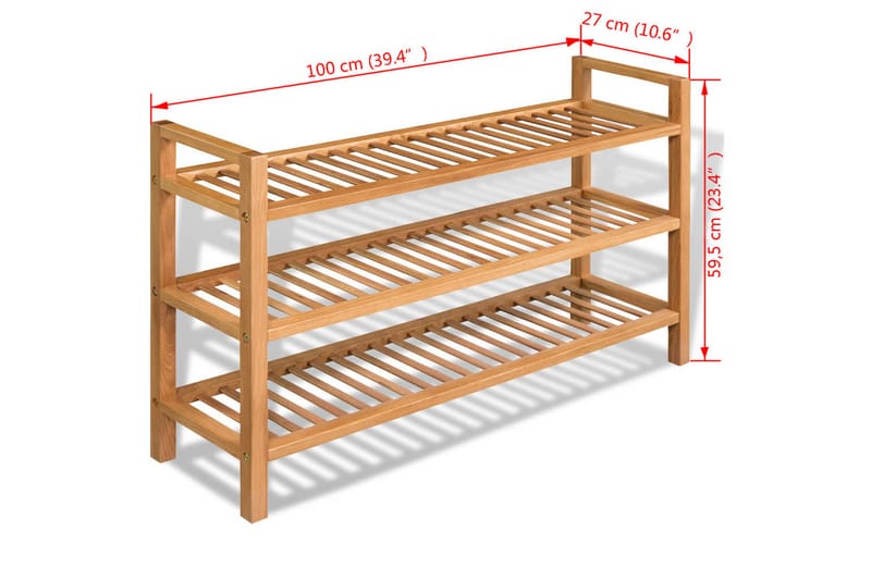 Skohylla med 3 hyllor 100x27x60 cm massiv ek - Brun - Förvaring - Sko- & klädförvaring - Skoförvaring