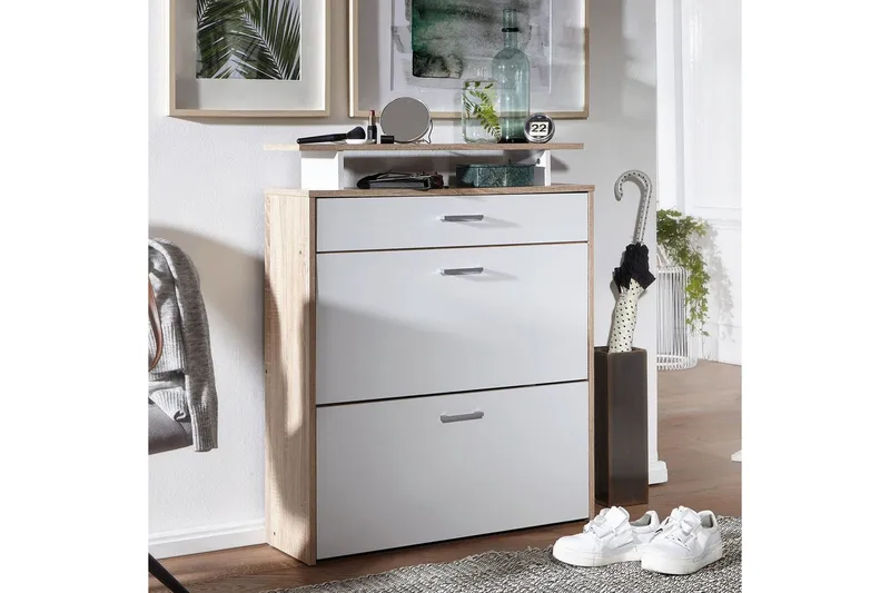 Skoskåp Wohnling Folierad spånskiva med förvaringshylla, 2 nedfällbara fack, 1 låda - Förvaring - Sko- & klädförvaring - Skoförvaring