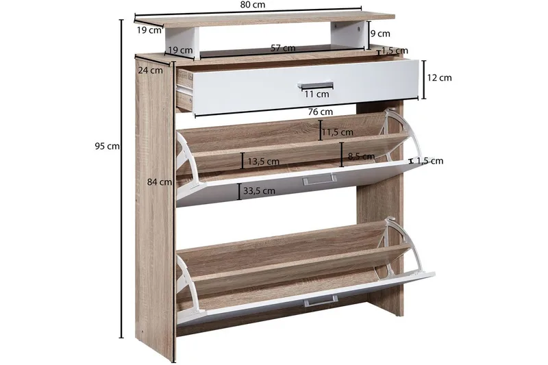 Skoskåp Wohnling Folierad spånskiva med förvaringshylla, 2 nedfällbara fack, 1 låda - Förvaring - Sko- & klädförvaring - Skoförvaring