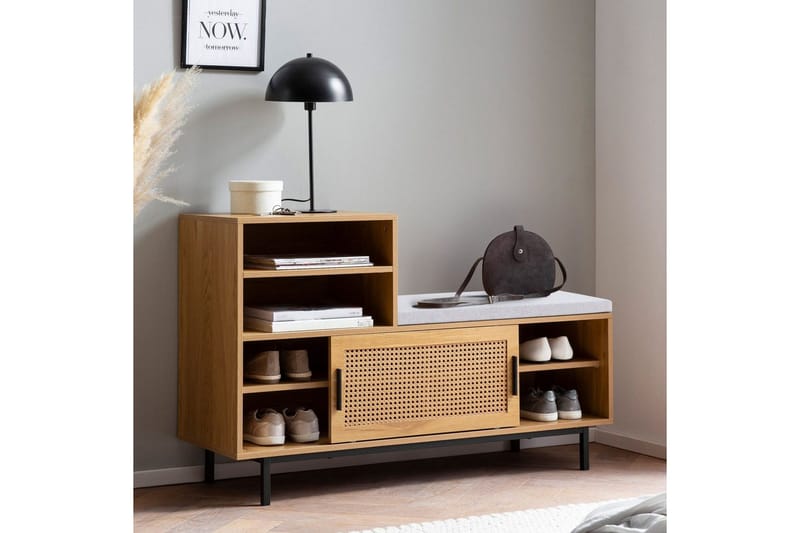 Skoskåp Wohnling Klädd Bänk med Skjutdörr Wiensk Korgmönstrad Optik Modern - Förvaring - Sko- & klädförvaring - Skoförvaring