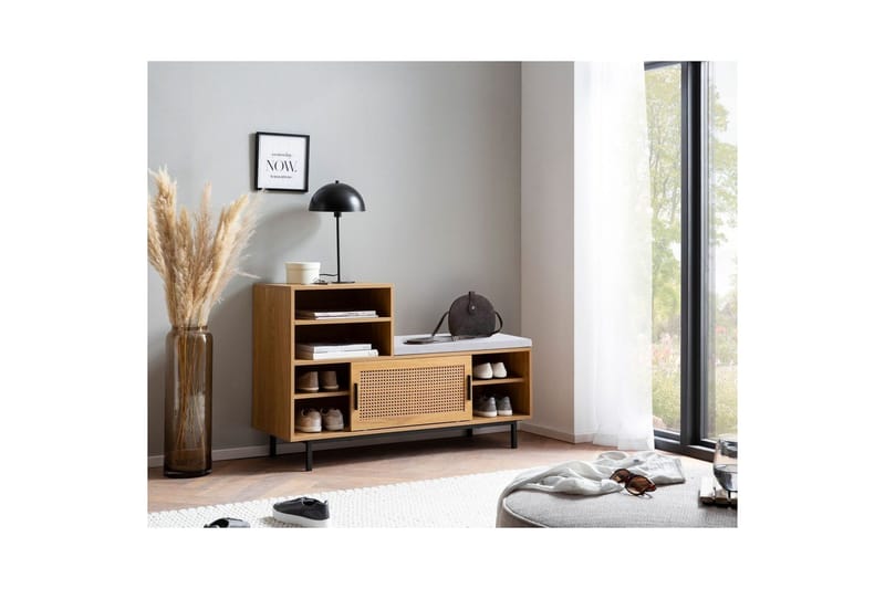 Skoskåp Wohnling Klädd Bänk med Skjutdörr Wiensk Korgmönstrad Optik Modern - Förvaring - Sko- & klädförvaring - Skoförvaring