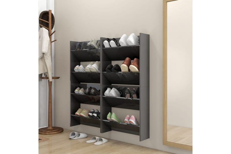 Väggmonterat skoställ 4 st grå högglans 60x18x60 cm spånskiv - Grå högglans - Skoförvaring - Skohylla & skoställ