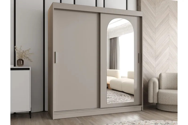 Tallmo Garderob med Spegel 180x200 cm i Målat Trä - Beige - Förvaring - Sko- & klädförvaring - Garderober & garderobssystem