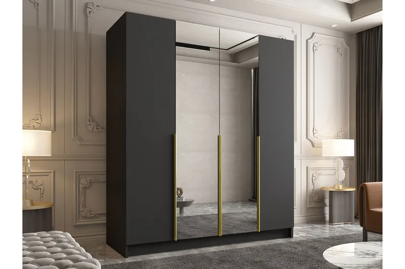 Vadstena Garderob med Spegel 200 cm - Svart/Guld - Förvaring - Sko- & klädförvaring - Garderober & garderobssystem