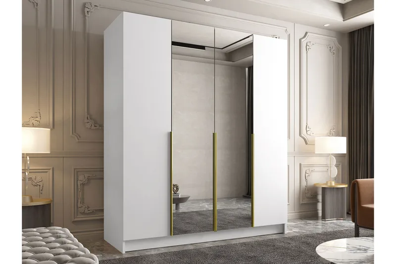 Vadstena Garderob med Spegel 200 cm - Vit/Guld - Förvaring - Sko- & klädförvaring - Garderober & garderobssystem